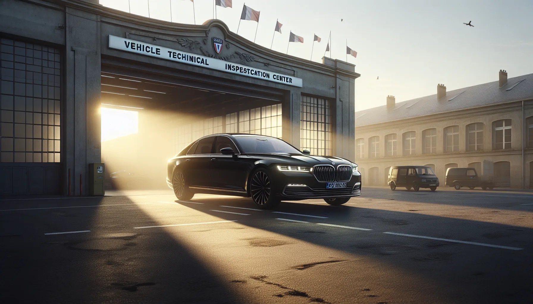 Voiture de type VTC berline noire devant un centre de contrôle technique en France